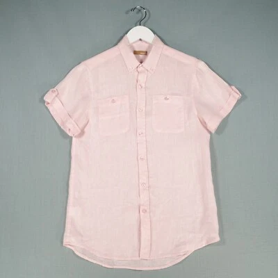 Bruno Linen Shirt Mens Small Pink Button Down Pin Roll Short Sleeve Holiday Top - Image 1 of 4