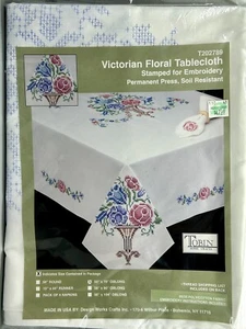 Tobin Stamped Cross Stitch Embroidery Tablecloth 50x70” VICTORIAN FLORAL T202789 - Picture 1 of 10