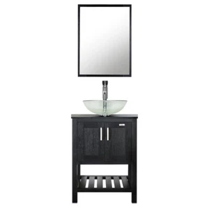 24" Bathroom Vanity Set Black W/ Tempered Clear Glass Vessel Sink Faucet Combo - Picture 1 of 9