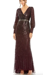 MAC DUGGAL 5501 SEQUINED WRAP OVER BISHOP SLEEVE BLACKBERRY  GOWN sz 10 - Picture 1 of 4