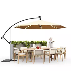 9.8ft Outdoor Patio Solar LED Market Umbrella Crank Lift and Tilt Function Khaki - Picture 1 of 17