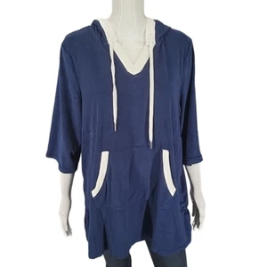 Cuddl Duds Sun Terry Modern Hoodie Large Sz Navy Casual Everyday Top w Pockets - Picture 1 of 10