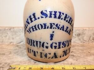Antique Stoneware Jug W/Cobalt Blue Druggist Utica, NY Primitive Occupational