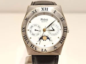 VINTAGE GERMANY CHROMED TRIPLE CALENDAR MOON PHASE HERREN QUARZUHR "MEBUS " - Bild 1 von 15