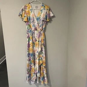 Nicole Miller New York Satin Floral Wrap Maxi Dress White Colorful Sz Small - Picture 1 of 10