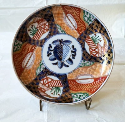 Antique 6-7/8" Imari Arita Ware, Aoki Bros Shallow Bowl Dish, Orange Blue Peach - Image 1 of 4