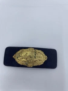 Vintage Hunting Scene Horses Dogs Gold Tone Pin On Black Fabric Hair Clip - Picture 1 of 11