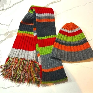 Set cappello e sciarpa in maglia a righe ragazzo ragazza berretto arancione rosso grigio - Foto 1 di 8