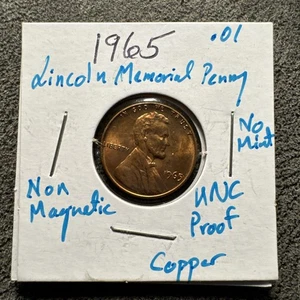 1965 Lincoln Memorial Cent. Kupfer. UNC. Proof.  Philadelphia. Nicht magnetisch. - Bild 1 von 4