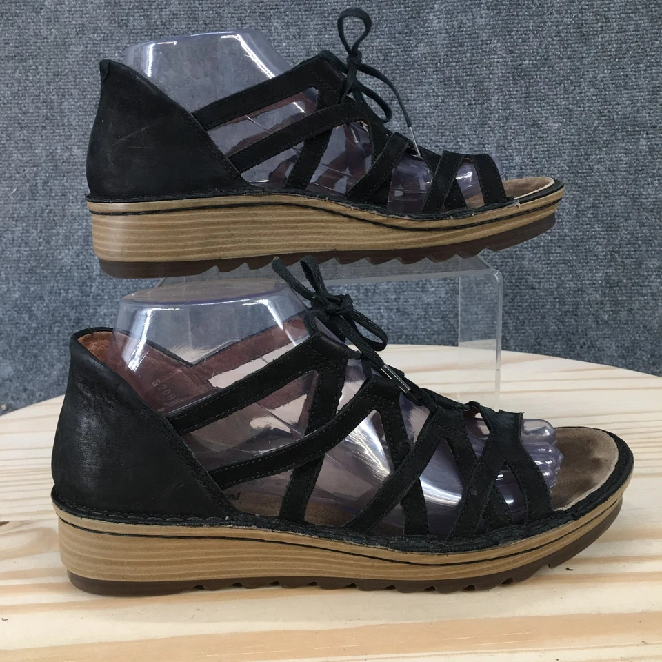 Sandálias femininas Naot 39 Yarrow tiras gladiador com cadarço salto cunha couro preto - Imagem 1 de 4