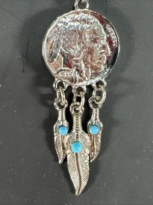 36'' ROPE INDIAN HEAD NICKEL NECKLACE  COIN FEATHER TURQUOISE - Image 1 of 4