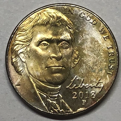 2018-P Jefferson Nickel w/Error "YELLOW AND COPPER TONING" Rev and Obv. - Image 1 of 4