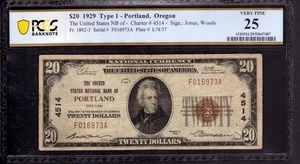 1929 $20 UNITED STATES NATIONAL BANK NOTE CURRENCY PORTLAND OREGON PCGS B VF 25 - Picture 1 of 2