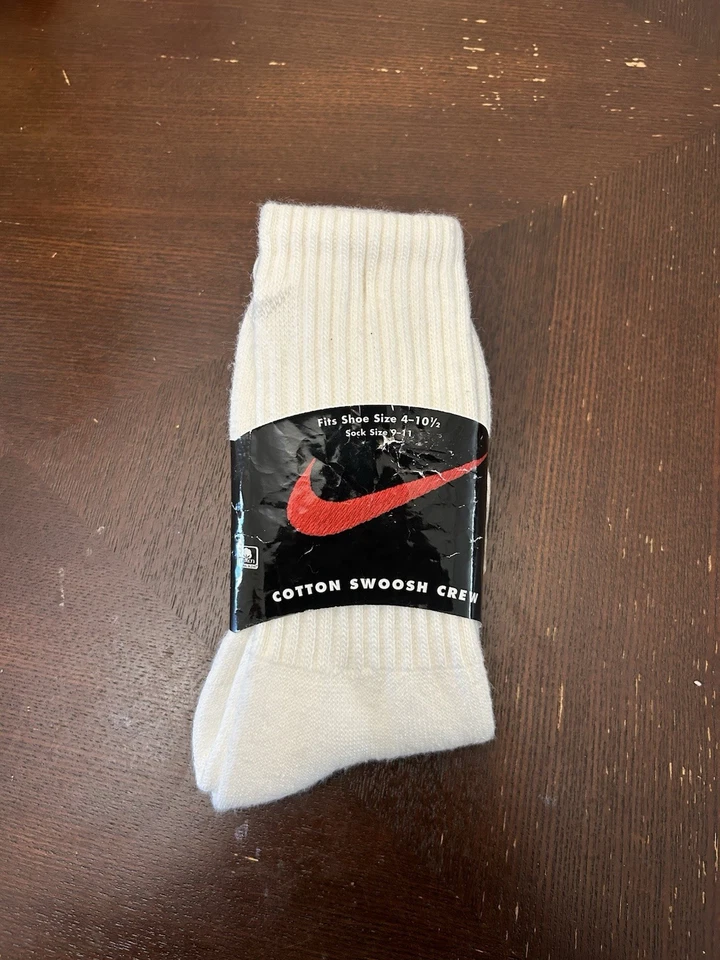 Vintage Nike Crew Socks 90’s White/Grey Size 4 - 10 1/2 Pair New Old Stock Rare - Image 1 of 4