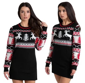 Ladies Christmas Jumper Womens Party Xmas Novelty Knitted Tunic Retro Red Dress - Picture 1 of 15