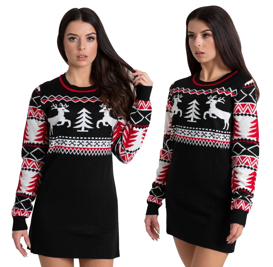 Ladies Christmas Jumper Womens Party Xmas Novelty Knitted Tunic Retro Red Dress - Image 1 of 4