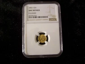 1853 United States One Dollar Gold Coin Liberty Head Type 1 / NGC UNC / Cleaned - Picture 1 of 6