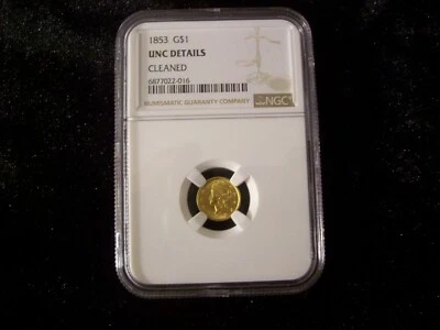 1853 United States One Dollar Gold Coin Liberty Head Type 1 / NGC UNC / Cleaned - Image 1 of 4