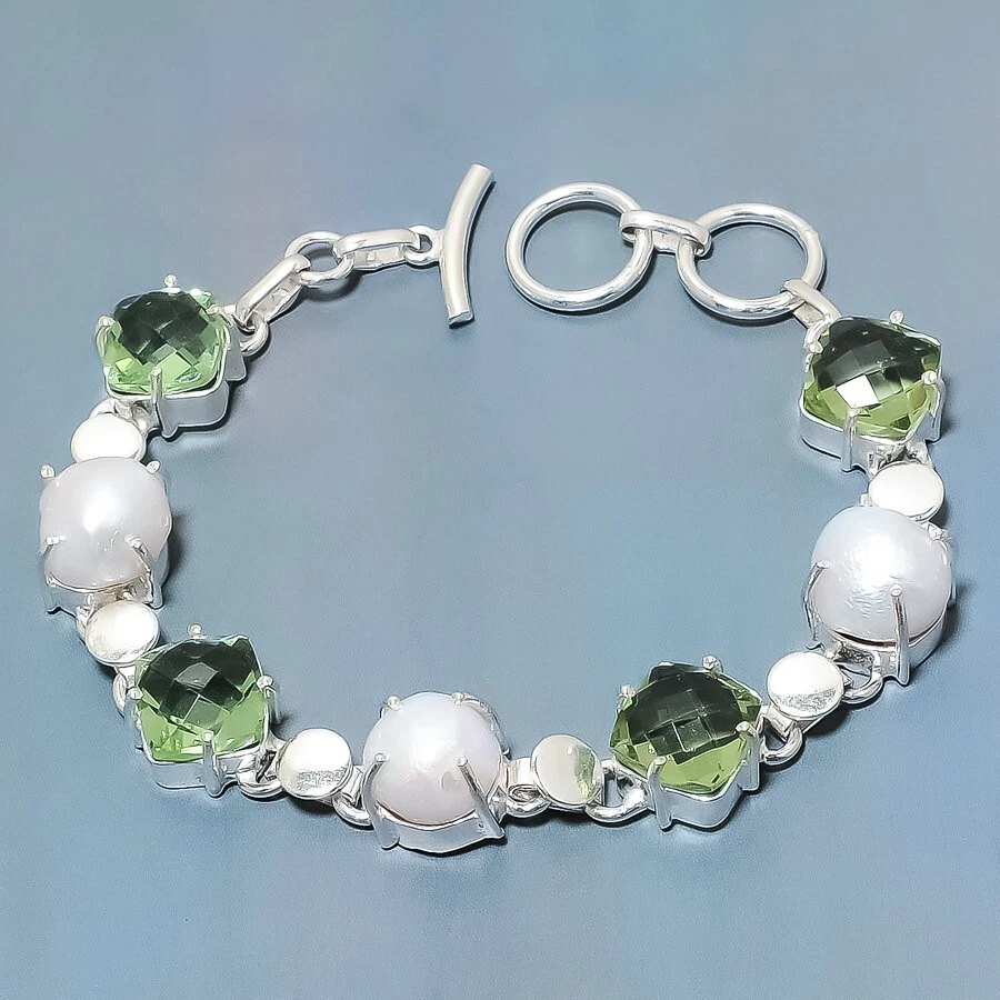 White Pearl Peridot Quartz Gemstone Silver Plated Jewelry Bracelet 7-8" - Image 1 of 1