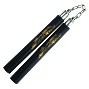 Foam-Nunchaku-with-Gold-Dragon-Print-and-Metal-Chain-Link - Black & Red - Picture 1 of 1