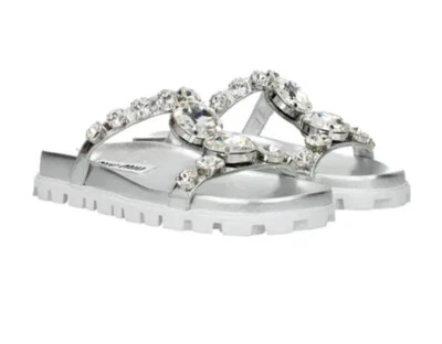 Sandalias clásicas de cuero Miu Miu plateadas argentinas con cristal adornado 35 Foto 1 de 4