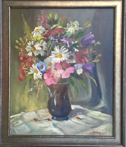 Original Blumenstilleben Ölgemälde auf Hartfaserplatte von Paul Dickmann gerahmt - Bild 1 von 5