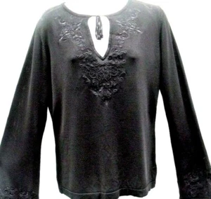 SIZE 16 BLACK EMBROIDERED CHIFFON ,EMBROIDERED SLEEVES, TIE NECK TUNIC BY NEXT - Picture 1 of 4