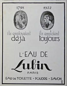 PUBLICITÉ DE PRESSE 1922 L'EAU DE LUBIN EAU DE TOILETTE POUDRE SAVON - Picture 1 of 1