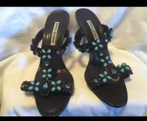 Manolo Blahnik Vintage Swarovski Jeweled 4" Heeled Sandals - Size 10 - Picture 1 of 7