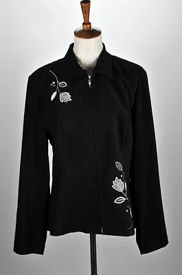 Women's Studio I Size 14 Black Velvet Embroidered Floral Pattern Zip Up Jacket - Image 1 of 4