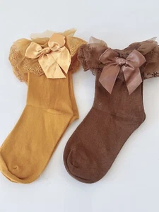 Girls Kids School Dress Dark Brown mustard orange Bow Lace Frilly short Socks - Picture 1 of 14