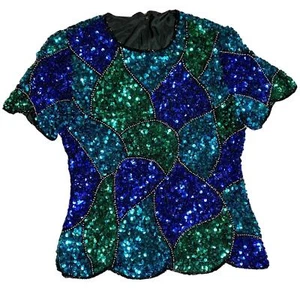 Top paillettes VINTAGE Adrianna Papell taglia small blu verde acqua orlo smerlato manica corta - Foto 1 di 6