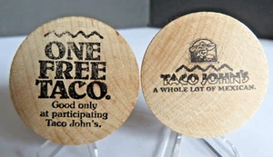 VINTAGE (2) Taco John's® ONE FREE TACO Wooden Nickels - A Whole Lot Of Mexican® - Picture 1 of 9