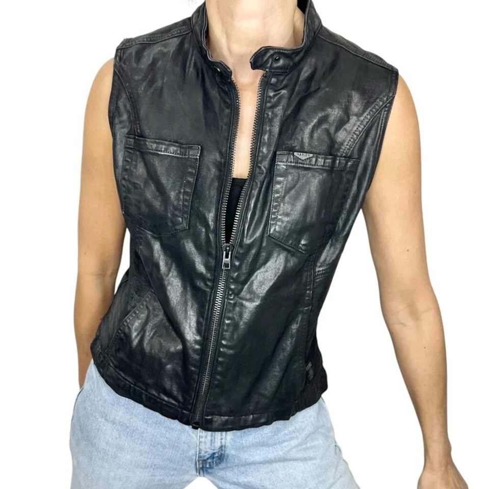 Harley Davidson black waxed cotton stretch fitted full zip moto biker vest M - Image 1 of 4