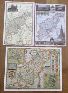 3 x Old Antique Colour maps of Northamptonshire, England: 1600s & 1800s: Reprint