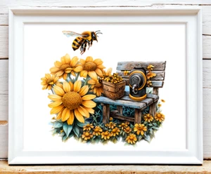 Biene Kunstdruck, Blumen und Biene Wanddeko, Botanisches Wandbild, Natur Deko #41 - Bild 1 von 2