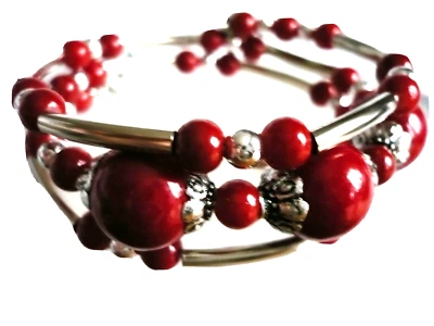 breiter Armreif Armband Armschmuck 3-reihig Koralle Imitat rot silber Folklore - Bild 1 von 2