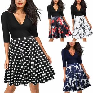 Autumn Womens V Neck A-Line Office Dress Fashion Half Sleeve Vintage Print Dress - Picture 1 of 12