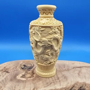 Vintage of Italy Handcarved Resin Faux Ivory Oriental Vase, 6 1/2” - Picture 1 of 11