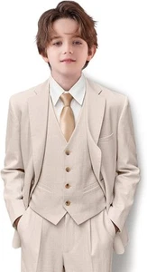 Linen Boy Suits Summer 3 Pieces Formal Wear For Kids Breathable Jacket Pant Vest - Picture 1 of 23