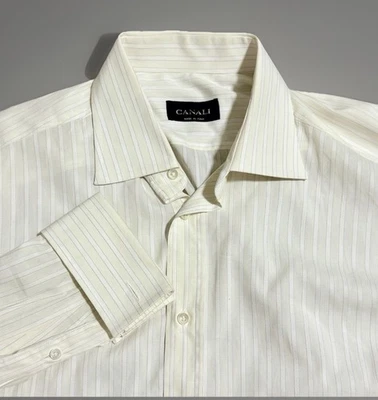 Canali Shirt Men 16 Ivory & White Striped Long Sleeve Made In Italy Size 41 - Image 1 of 4