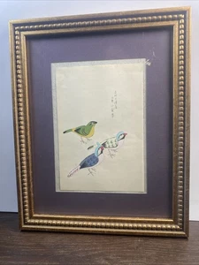 Vintage Chinoiserie Vogel Blumen Aquarell Reispapier signiert - Bild 1 von 4
