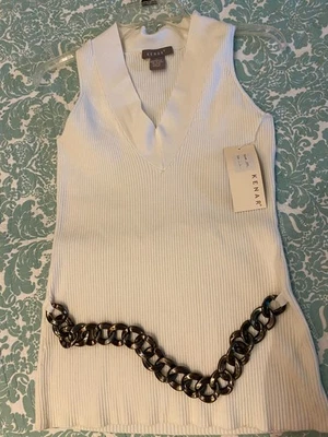 女式 Kenar 针织上衣无袖 V 领大号白色 - 带装饰腰带  — 第 1/3 张图片