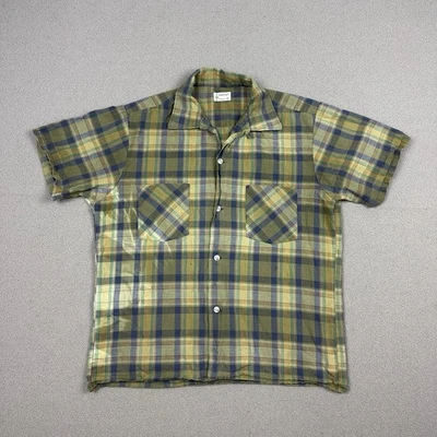 Vintage 50s TownCraft Loop Collar Poly Cotton Plaid Button Up Shirt Medium Faded - Image 1 of 4