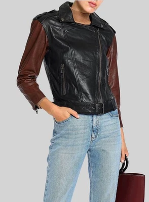 Vintage Style Leather Biker Jacket For Women's Soft Lambskin Handmade Real Coat - Image 1 of 4