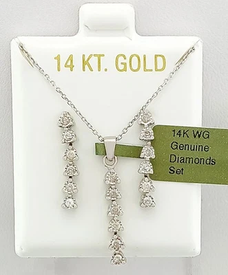 GENUINE 0.25 Cts DIAMONDS EARRINGS & NECKLACE SET 14K WHITE GOLD - Image 1 of 4
