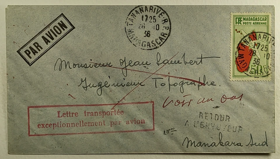1936 Французский Мадагаскар авиапочта Обложка Tananarive R.R. to Manakara Мадагаскар #C25 - Изображение 1 из 2