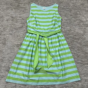Garnet Hill Dress Womens 12 Green Blue Striped Sleeveless Belted Cotton A Line - Picture 1 of 12
