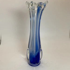 Vintage MCM Sommerso Style Art Glass Swung Vase  Blue Clear 6 Finger  Blk Light - Picture 1 of 7