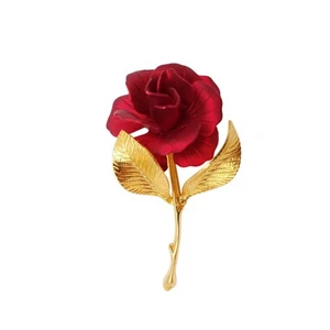 Vintage Cerrito Brooch Gold Tone Red Rose Brushed Textured 3D Signed - Picture 1 of 5